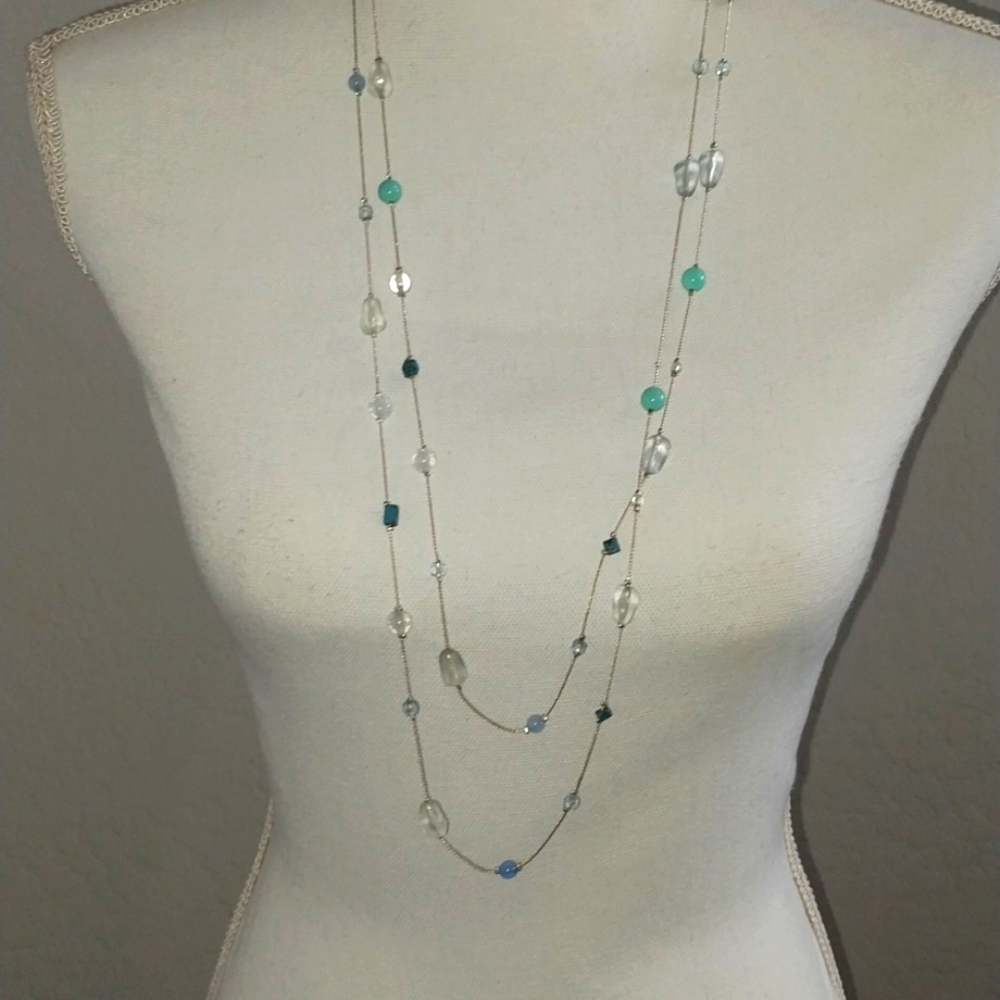 Seaglass and bead long necklace and earring set NEW